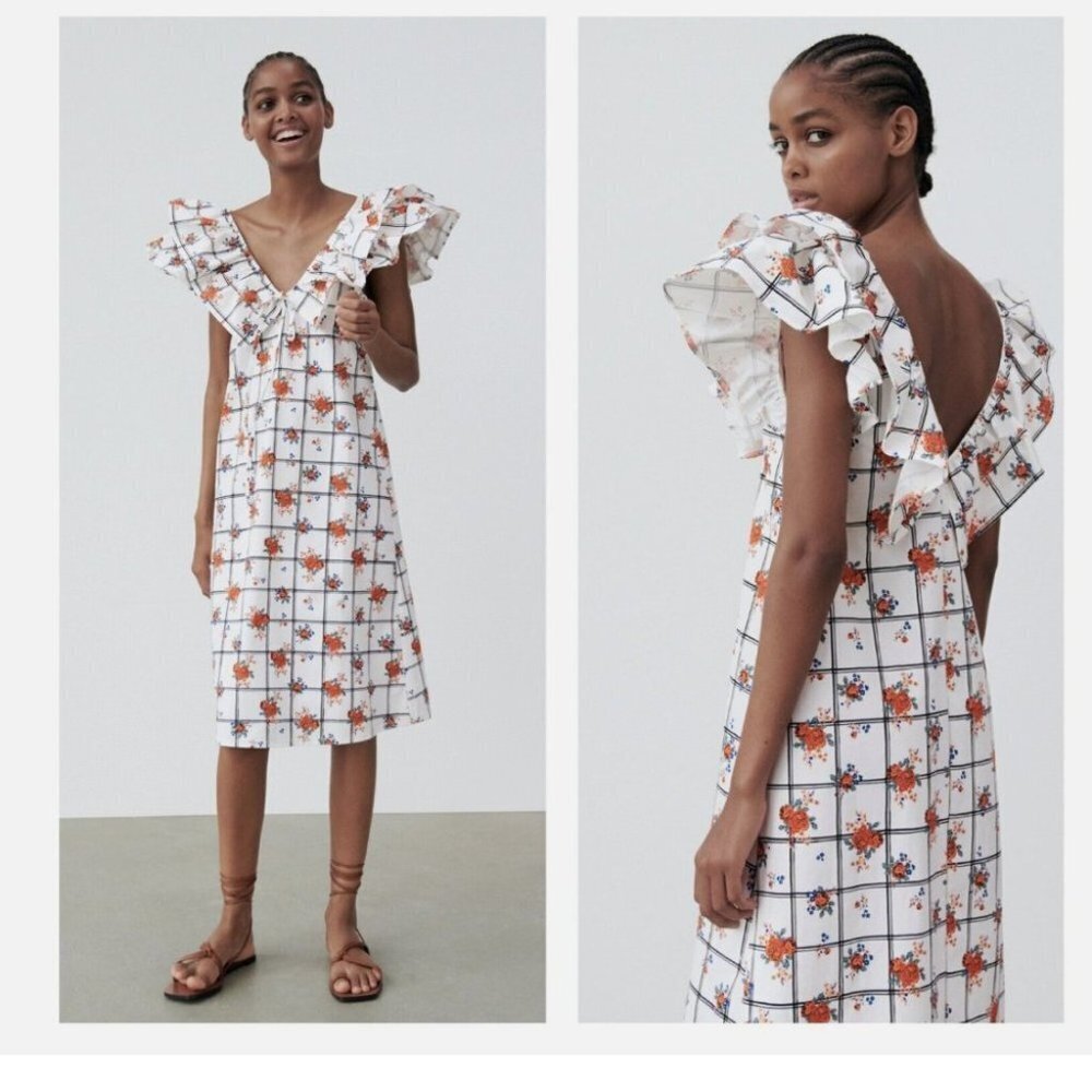 Zara white floral Blogger favourite plaid ruffle collar sleeveless midi dress M